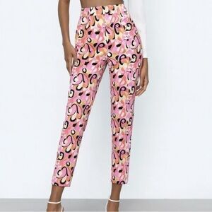 High-Rise Pink Abstract Print Slim Pants